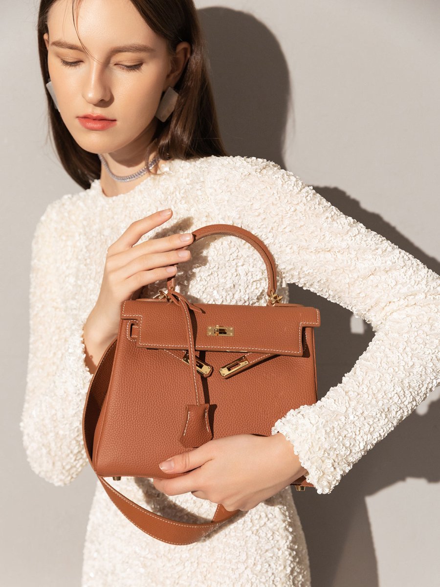 Queens Mini Top Handle Palm-Grain Calfskin Bag – Structured Leather Satchel with Turn-Lock Closure
