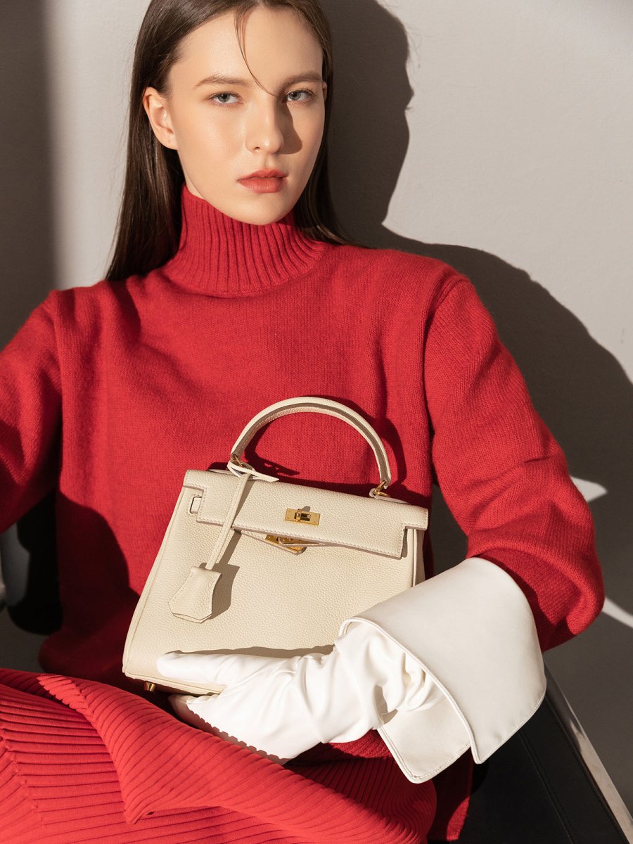 Queens Mini Top Handle Palm-Grain Calfskin Bag – Structured Leather Satchel with Turn-Lock Closure