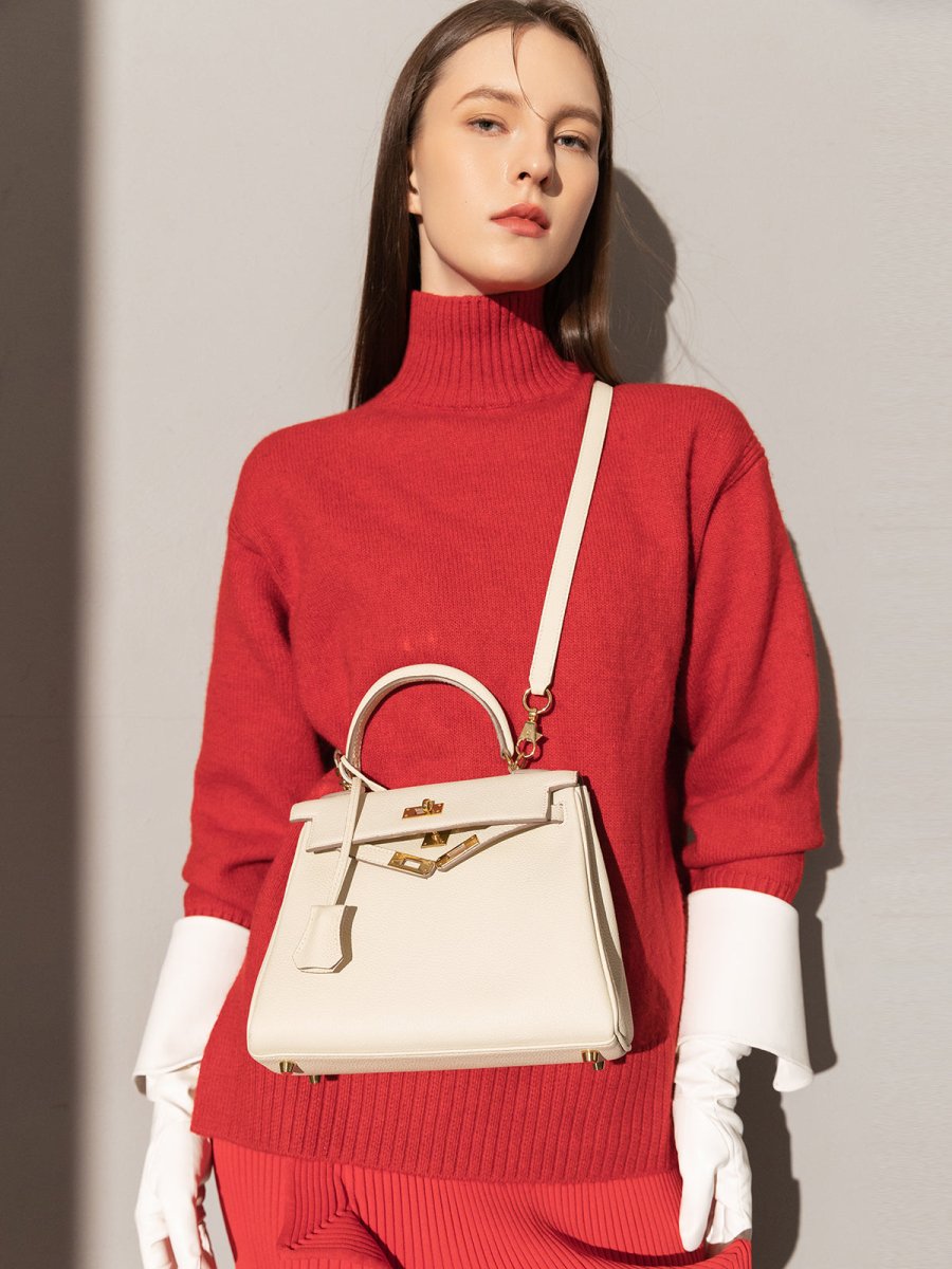 Queens Mini Top Handle Palm-Grain Calfskin Bag – Structured Leather Satchel with Turn-Lock Closure