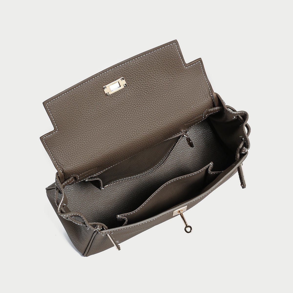 Queens Mini Top Handle Palm-Grain Calfskin Bag – Structured Leather Satchel with Turn-Lock Closure