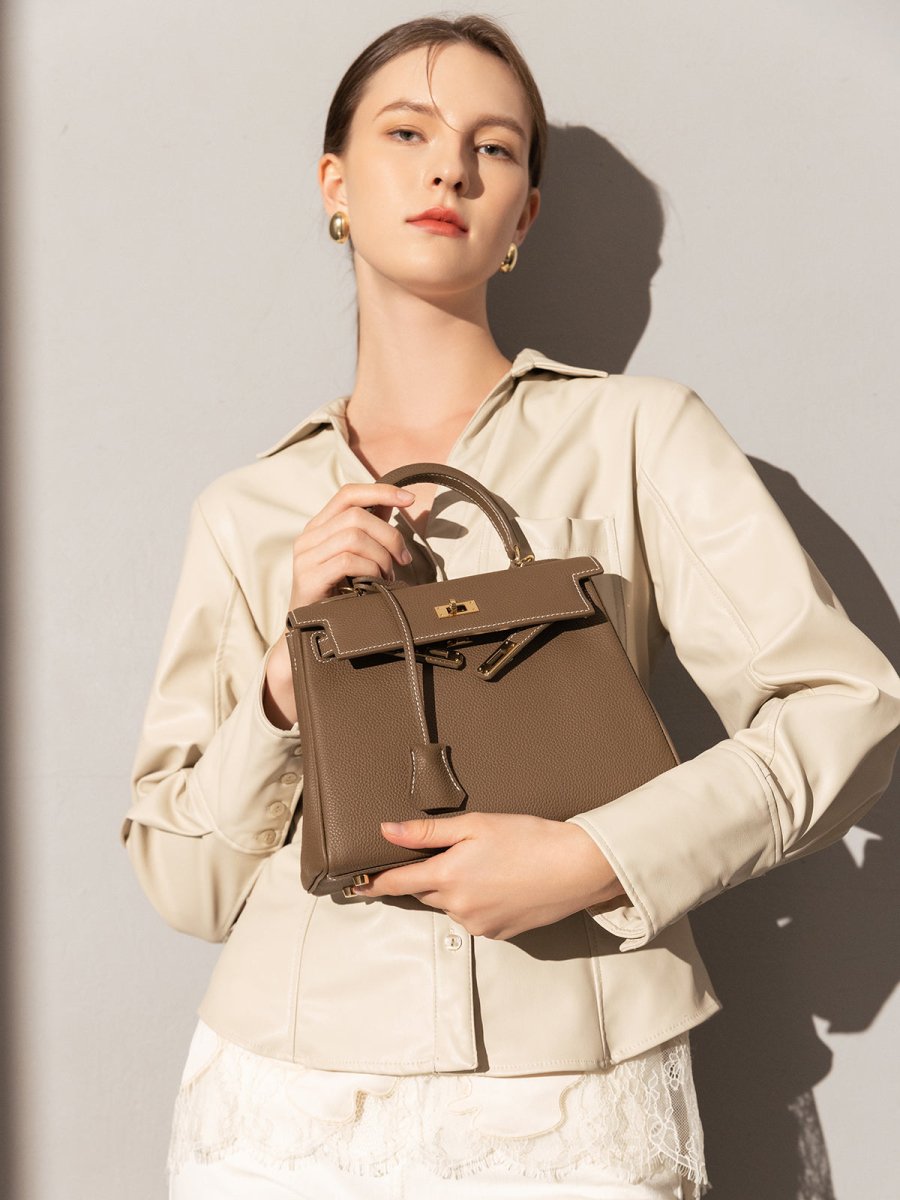 Queens Mini Top Handle Palm-Grain Calfskin Bag – Structured Leather Satchel with Turn-Lock Closure