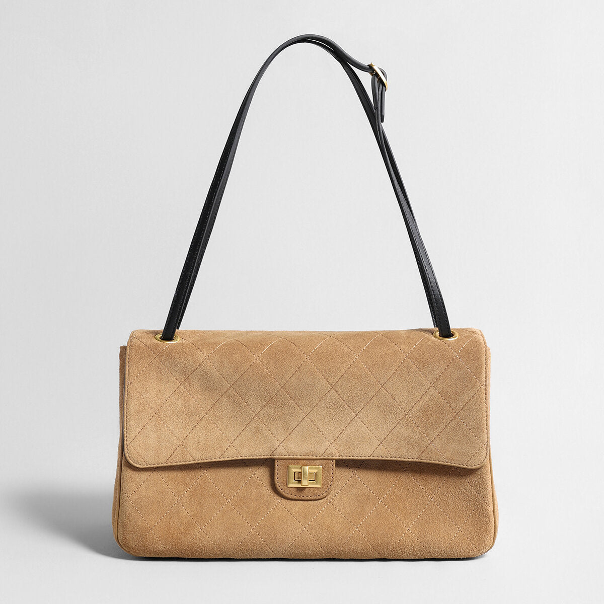 Quilted Suede Box Flap Bag – Turn-Lock Closure with Adjustable Leather Strap