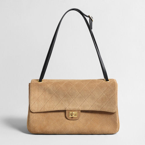 Quilted Suede Box Flap Bag – Turn-Lock Closure with Adjustable Leather Strap