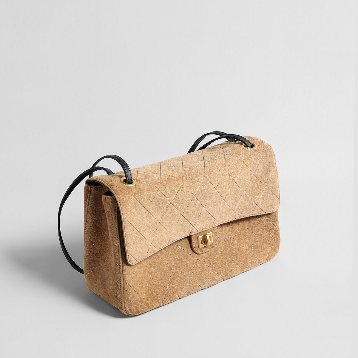 Quilted Suede Box Flap Bag – Turn-Lock Closure with Adjustable Leather Strap