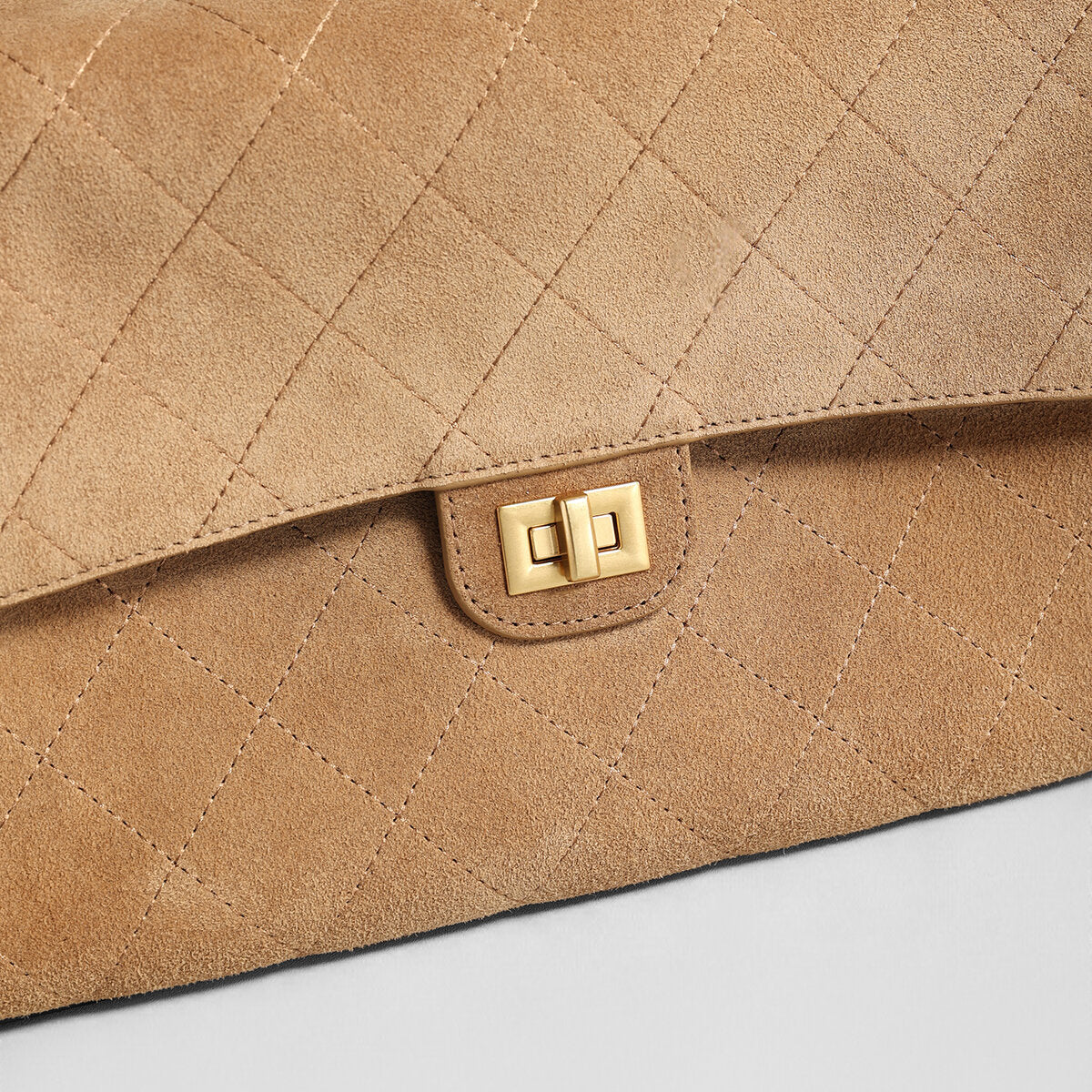 Quilted Suede Box Flap Bag – Turn-Lock Closure with Adjustable Leather Strap