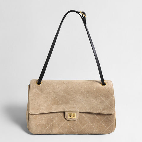 Quilted Suede Box Flap Bag – Turn-Lock Closure with Adjustable Leather Strap