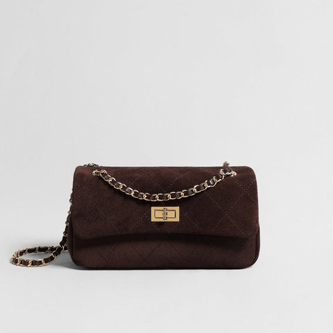 Quilted Suede Leather Shoulder Bag – Gold Chain Crossbody Bag