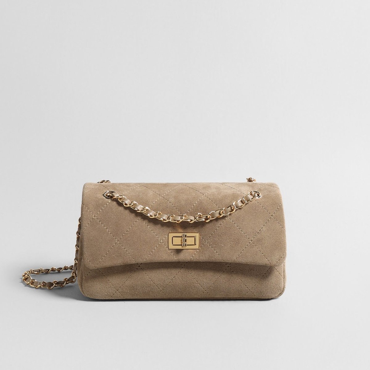 Quilted Suede Leather Shoulder Bag – Gold Chain Crossbody Bag