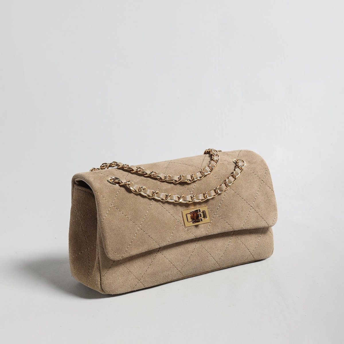 Quilted Suede Leather Shoulder Bag – Gold Chain Crossbody Bag