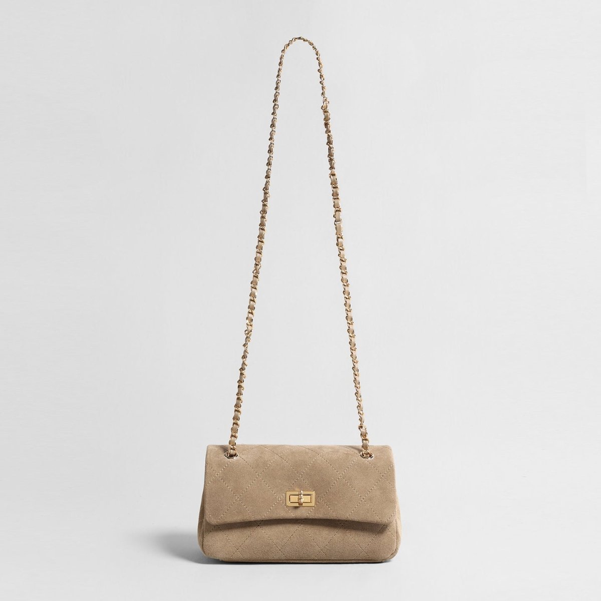 Quilted Suede Leather Shoulder Bag – Gold Chain Crossbody Bag