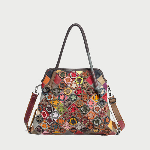 Rainbow Floral Patchwork Leather Tote Bag – 3D Flower Appliqué Cowhide Shoulder & Crossbody Bag