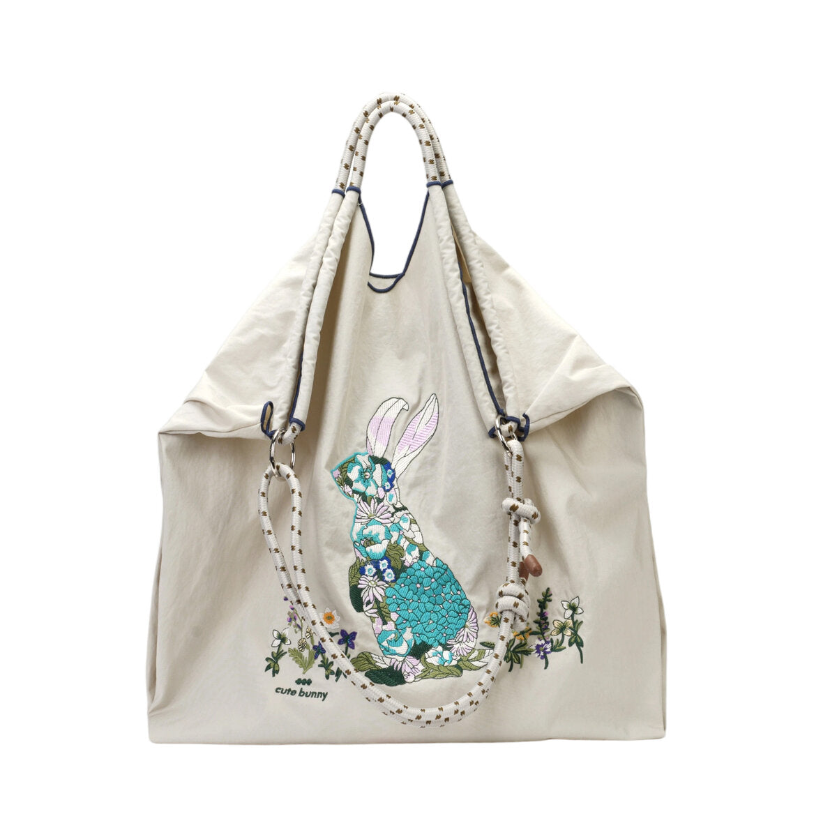 Recycled Nylon Tote Bag with Floral Bunny Embroidery & Braided Rope Strap