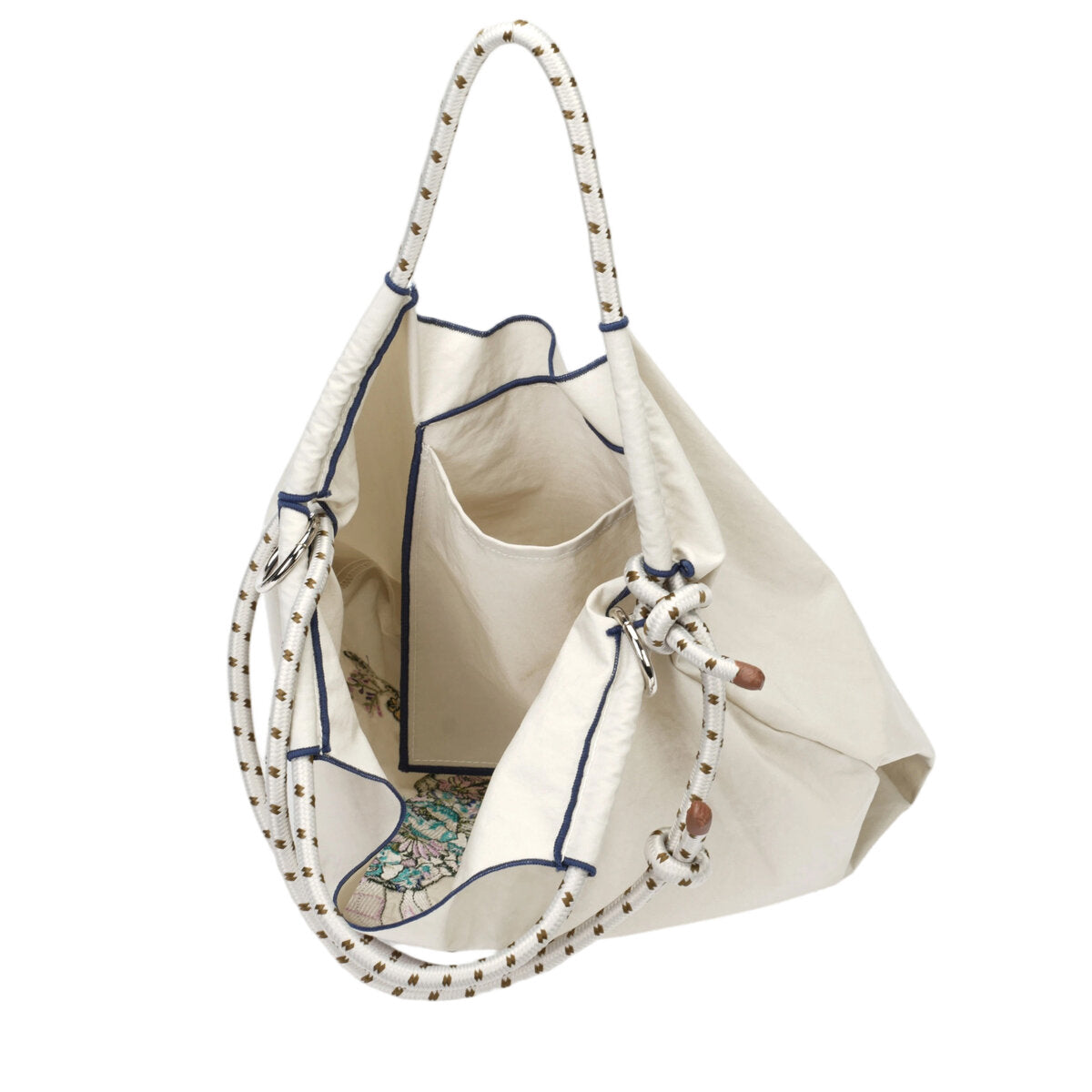 Recycled Nylon Tote Bag with Floral Bunny Embroidery & Braided Rope Strap