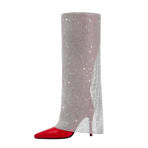 Red Knee High Boots with Silver Glittery Panel
