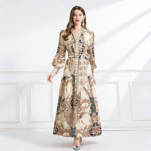 Regal Paisley Belted Chiffon Maxi Dress