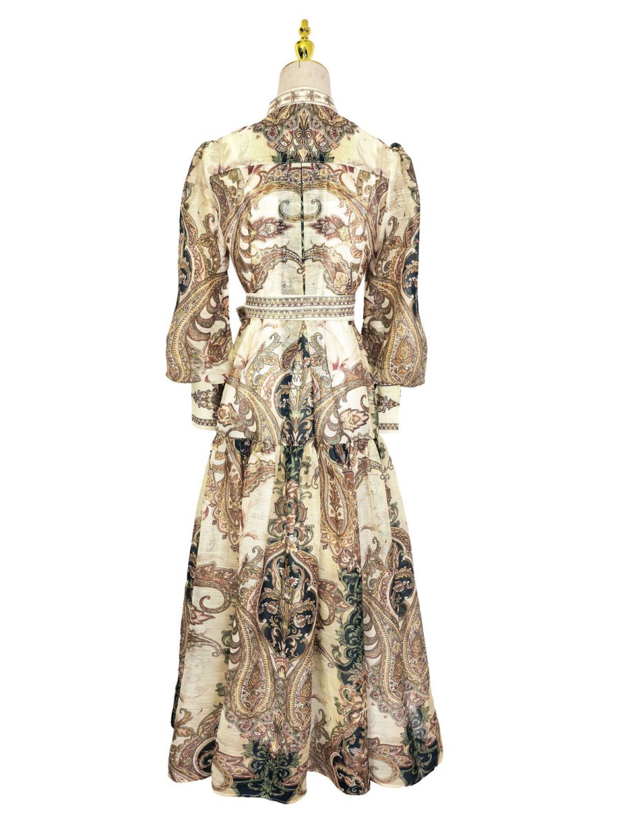 Regal Paisley Belted Chiffon Maxi Dress