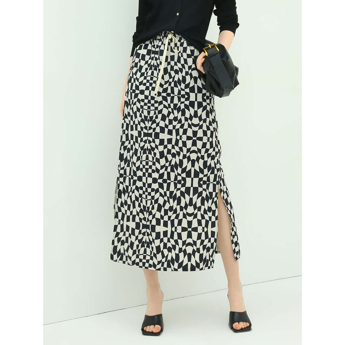 relaxed fit checked skirt with side slit all black 1
