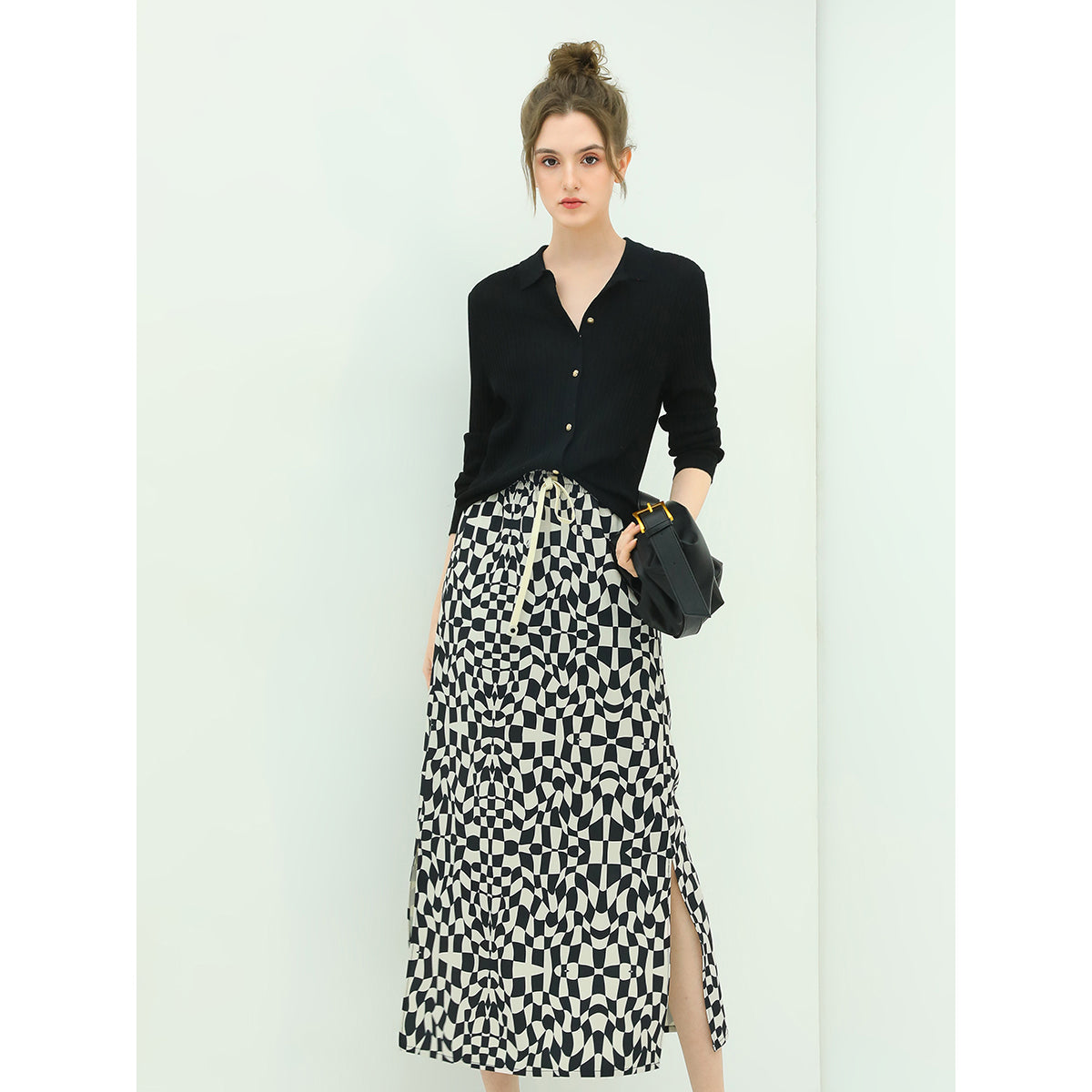 relaxed fit checked skirt with side slit all black 3