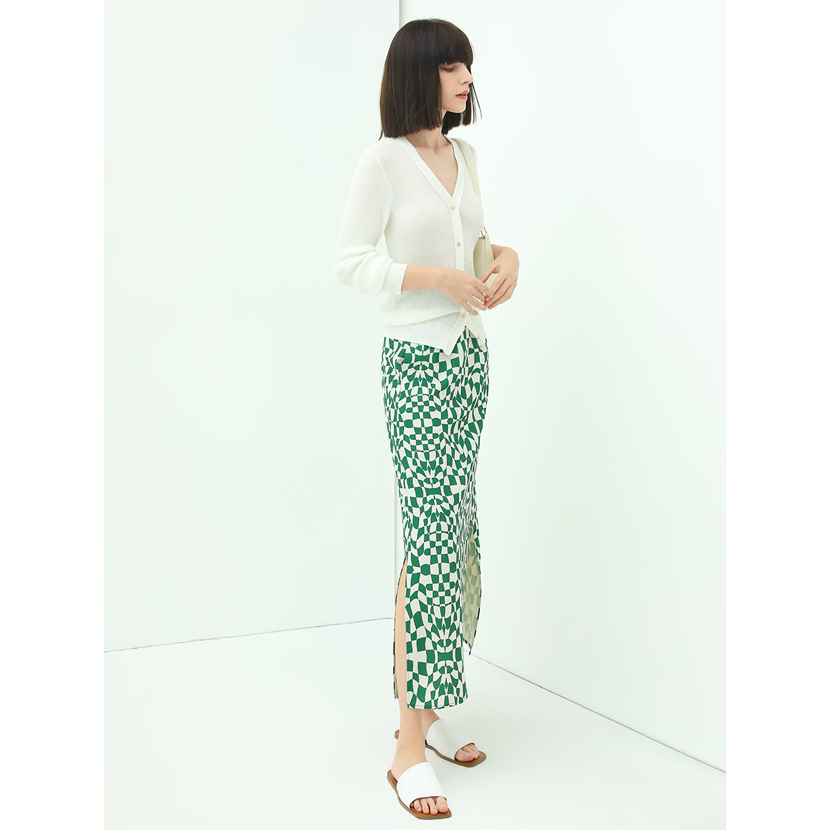 relaxed fit checked skirt with side slit all green 2