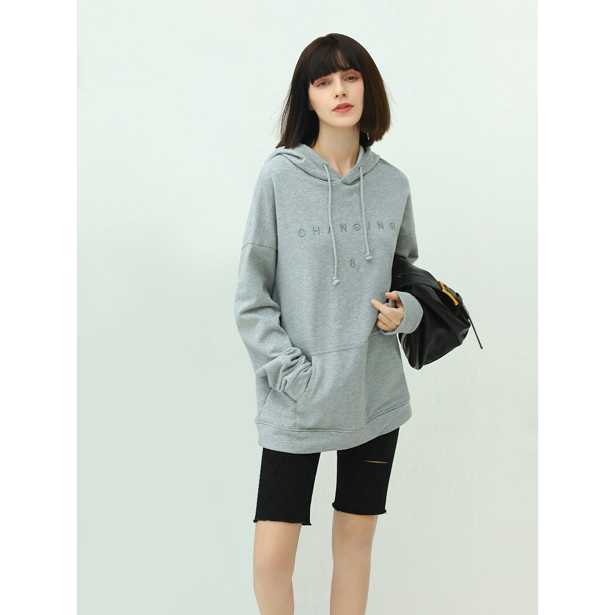 relaxed fit grey hooded sweater with slogan all grey 1
