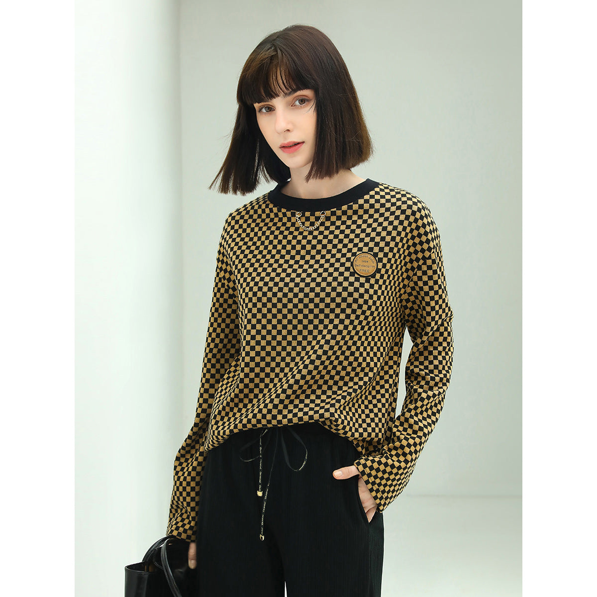 relaxed fit jacquard grid brown sweater all brown 2