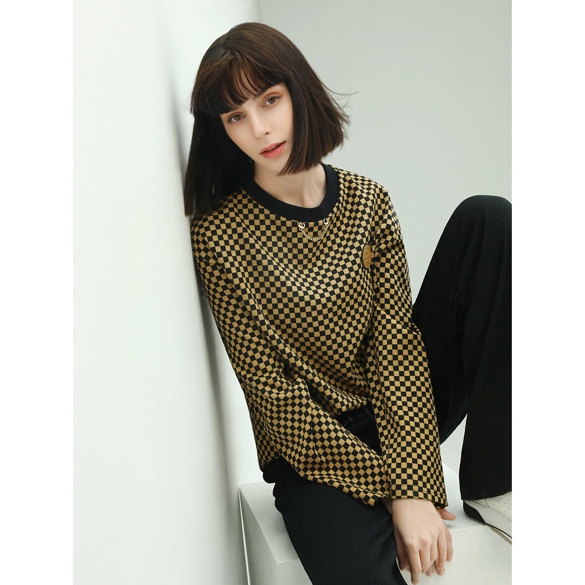 relaxed fit jacquard grid brown sweater all brown 3