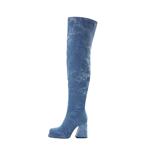 Relaxed Fit Round Toe Denim Knee High Boots - 0cm