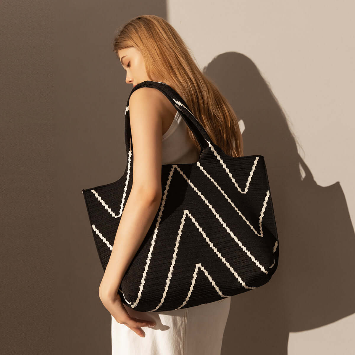 retro chevron black canvas tote bag black 5