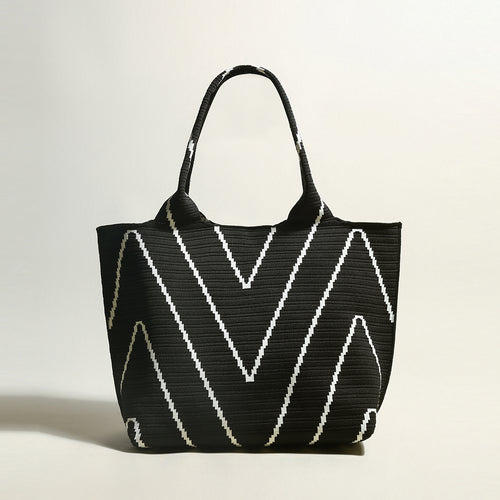 Retro Chevron Canvas Tote Bag – Heavy-Duty Woven Geometric Pattern Shoulder Tote with Interior Zip Pocket