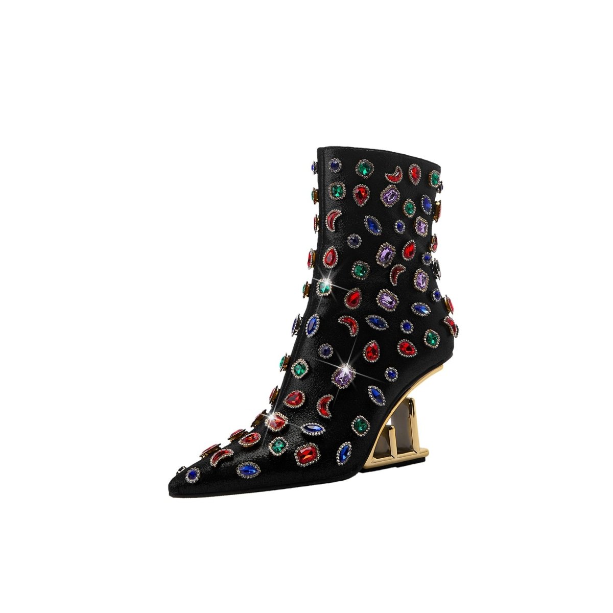 Retro Gem Encrusted Stonehenge Heel Black Ankle Boots - 0cm