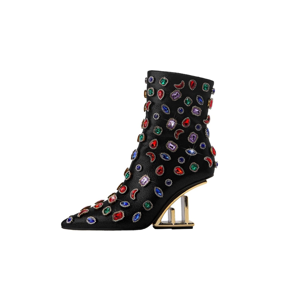 Retro Gem Encrusted Stonehenge Heel Black Ankle Boots - 0cm