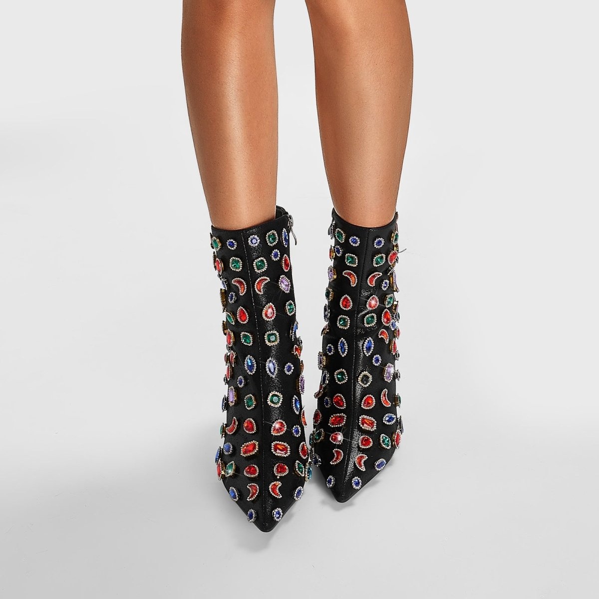 Retro Gem Encrusted Stonehenge Heel Black Ankle Boots - 0cm