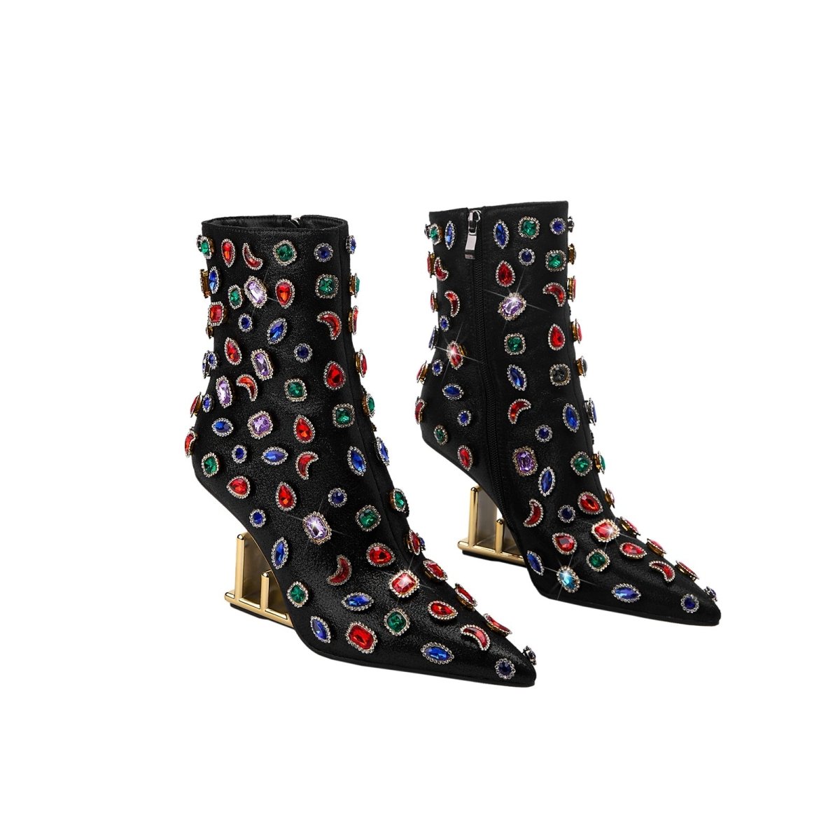 Retro Gem Encrusted Stonehenge Heel Black Ankle Boots - 0cm