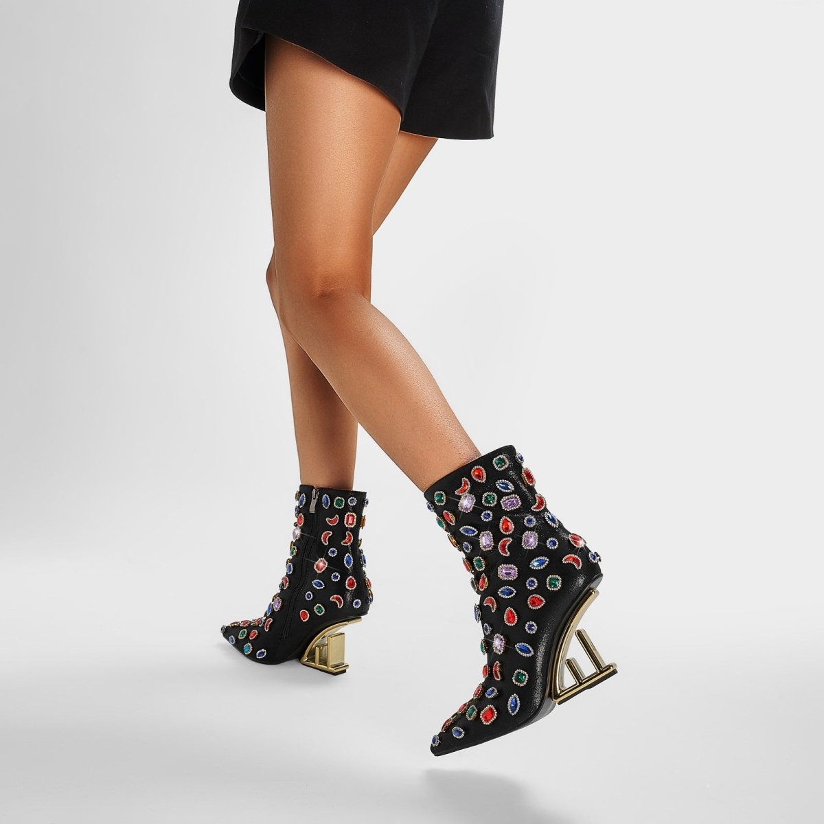Retro Gem Encrusted Stonehenge Heel Black Ankle Boots - 0cm