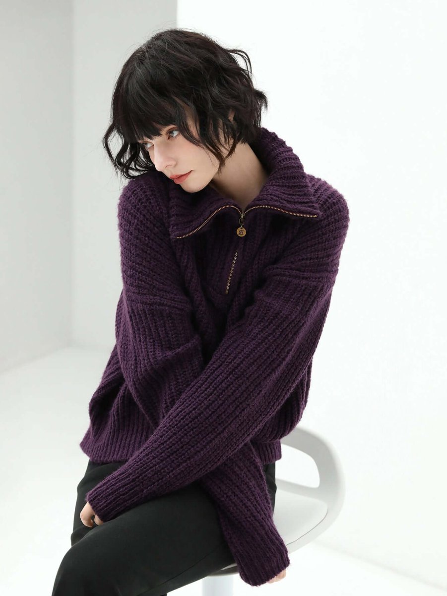 retro half zip purple knit top all purple 1