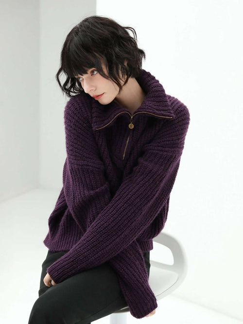 retro half zip purple knit top all purple 1