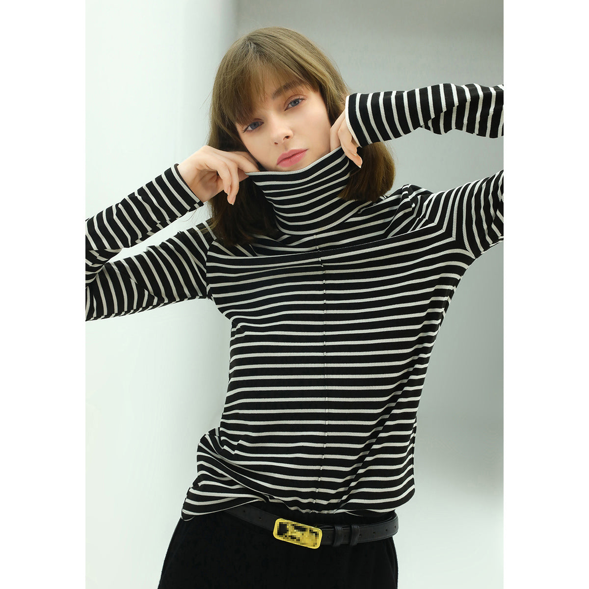 retro high neck striped top all black 1