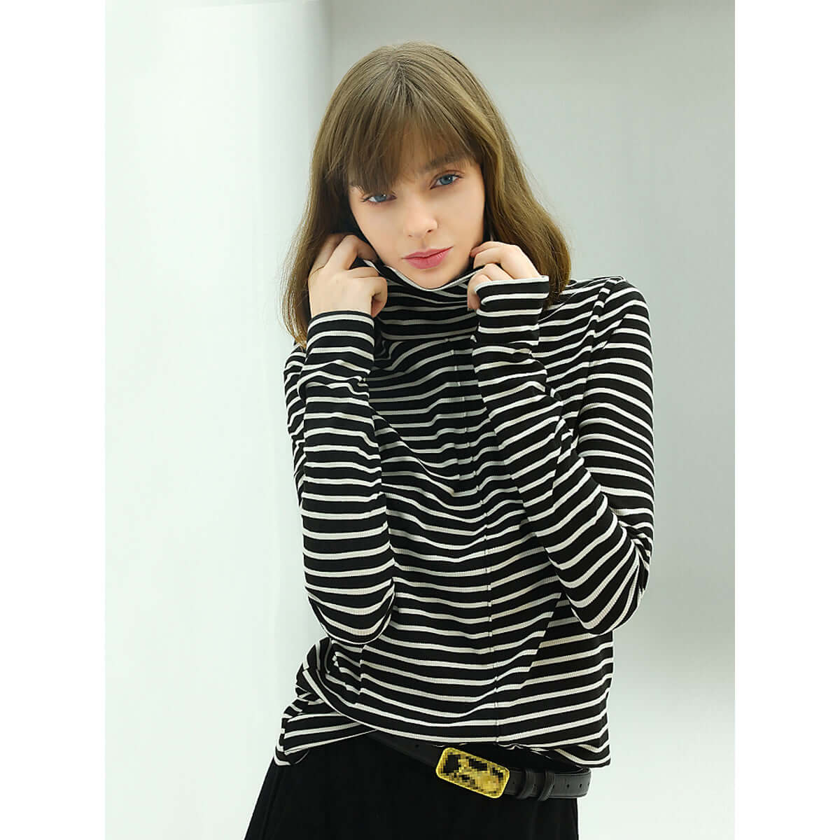 retro high neck striped top all black 2