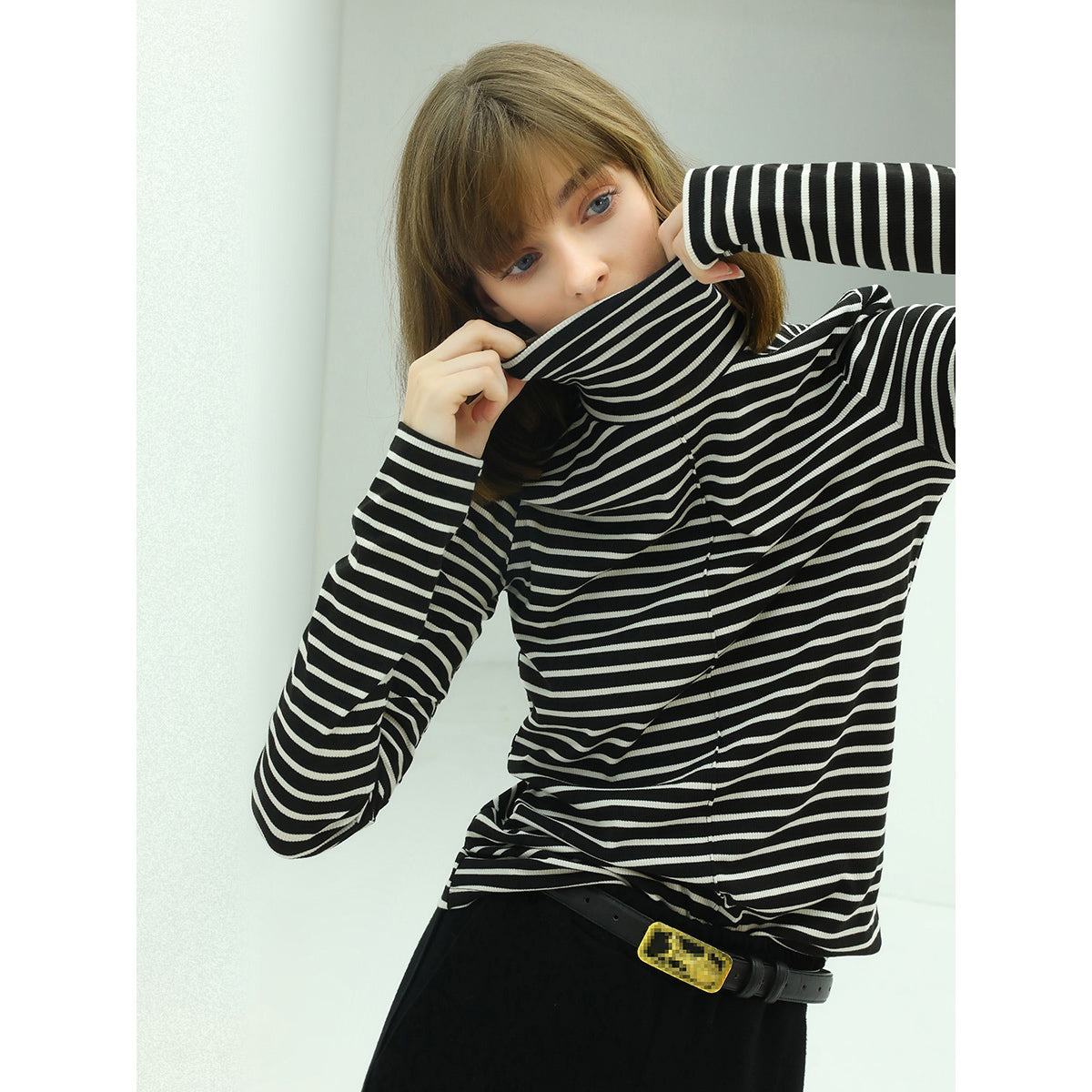 retro high neck striped top all black 3