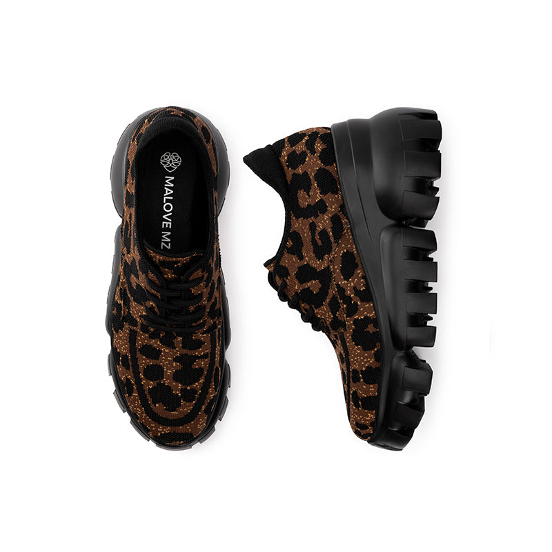 Retro Leopard Platform Sneakers – Chunky Knit Wedge Lace-Ups