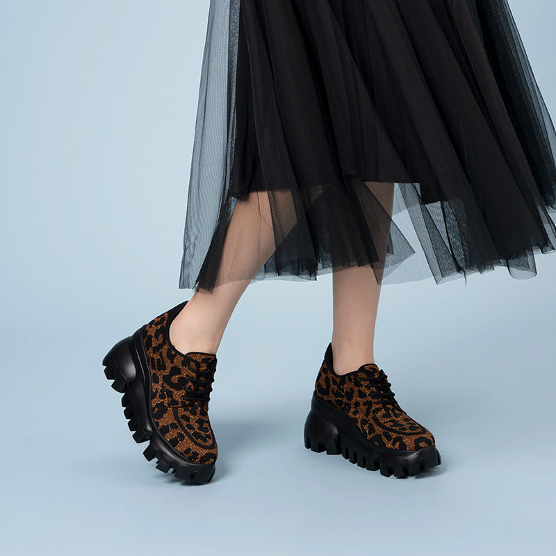 Retro Leopard Platform Sneakers – Chunky Knit Wedge Lace-Ups