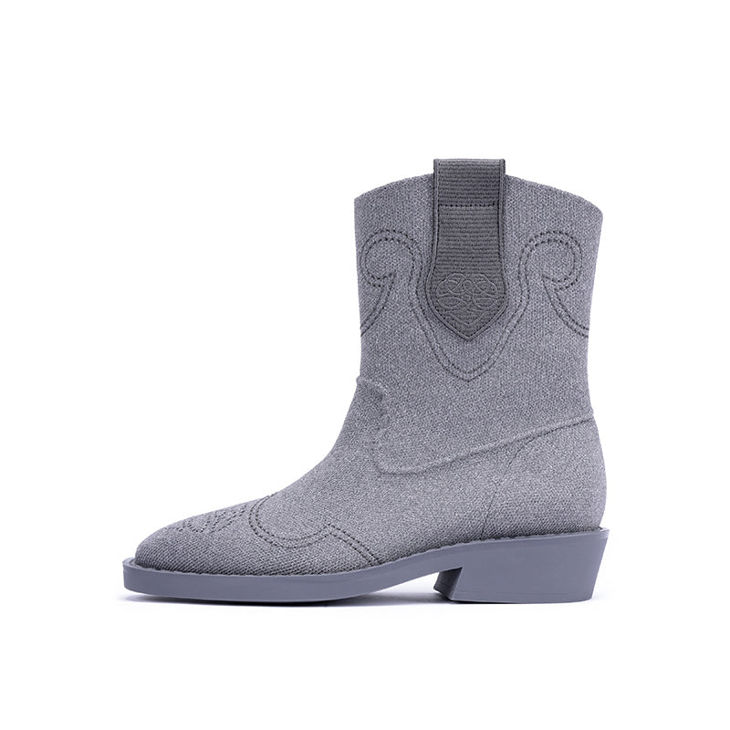 retro mid calf pointed toe flat cowboy boots all grey 1