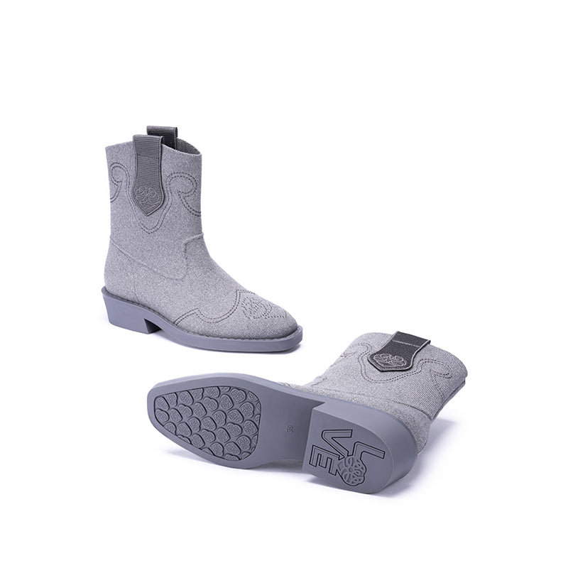 retro mid calf pointed toe flat cowboy boots all grey 3