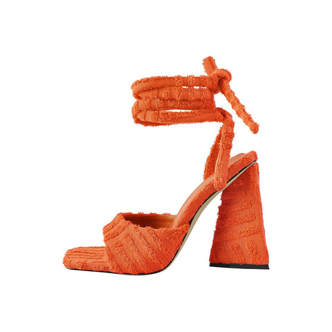 Retro Tie Up Block Heel Sandals with Textured Velvet