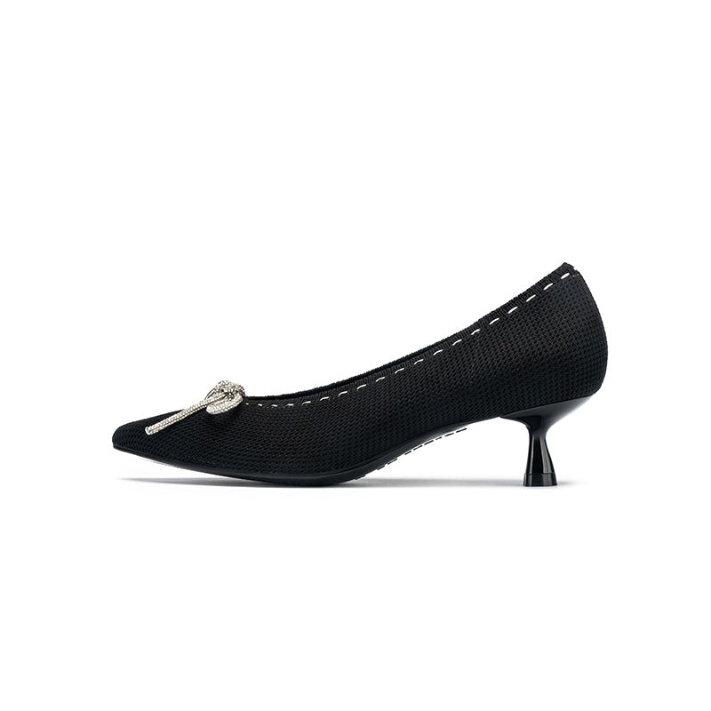 Rhinestone Bow Kitten Heels – Pointed Toe Knit Pumps