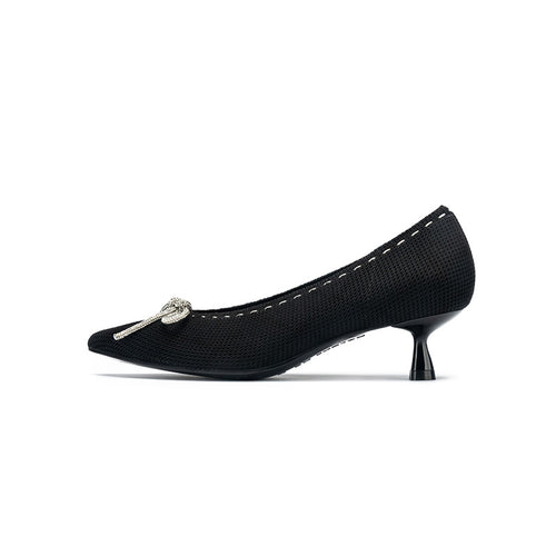 Rhinestone Bow Kitten Heels – Pointed Toe Knit Pumps
