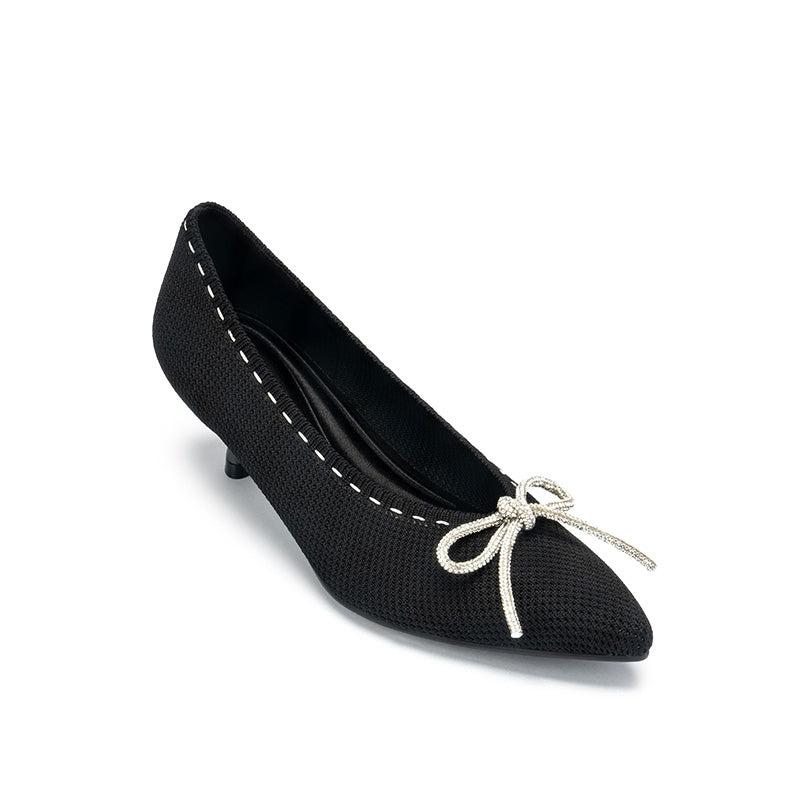Rhinestone Bow Kitten Heels – Pointed Toe Knit Pumps