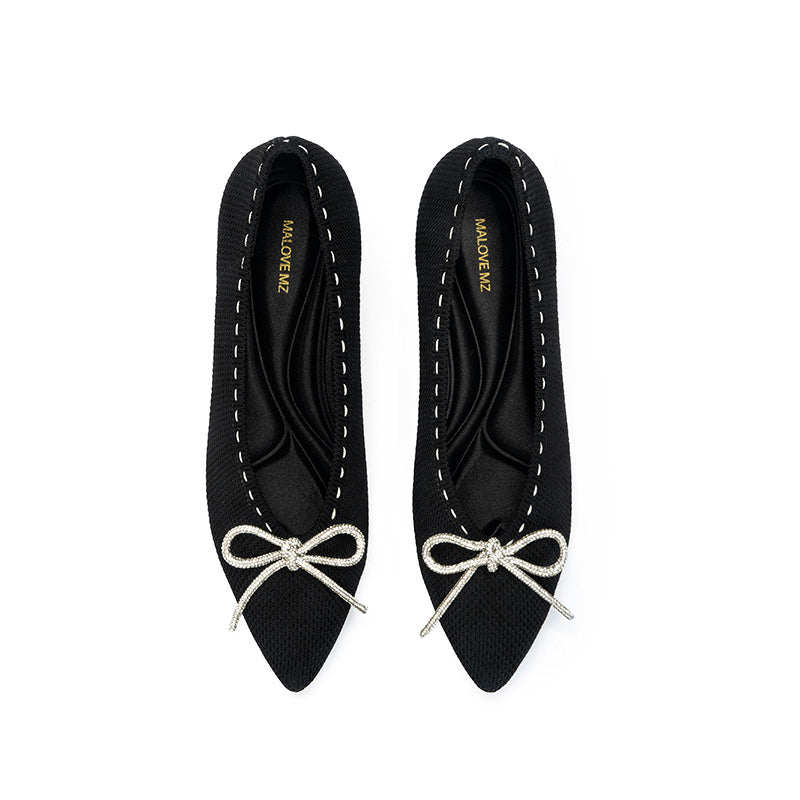 Rhinestone Bow Kitten Heels – Pointed Toe Knit Pumps