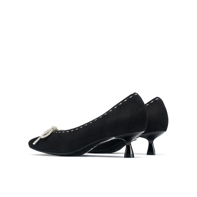 Rhinestone Bow Kitten Heels – Pointed Toe Knit Pumps