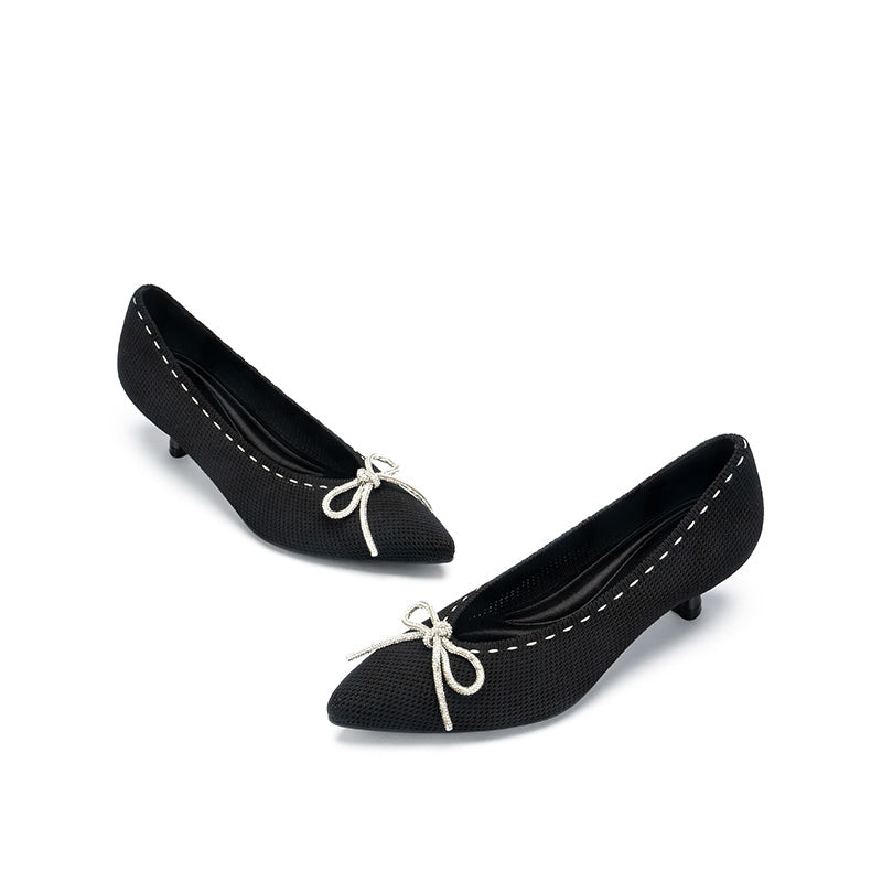 Rhinestone Bow Kitten Heels – Pointed Toe Knit Pumps